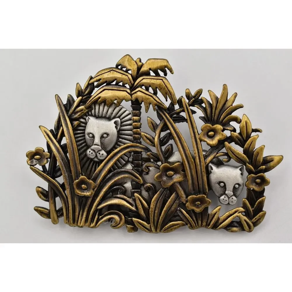 JJ Vintage Jungle Lion Pin Brooch Chunky Pewter Brass Chunky Rare Signed 80s 9B